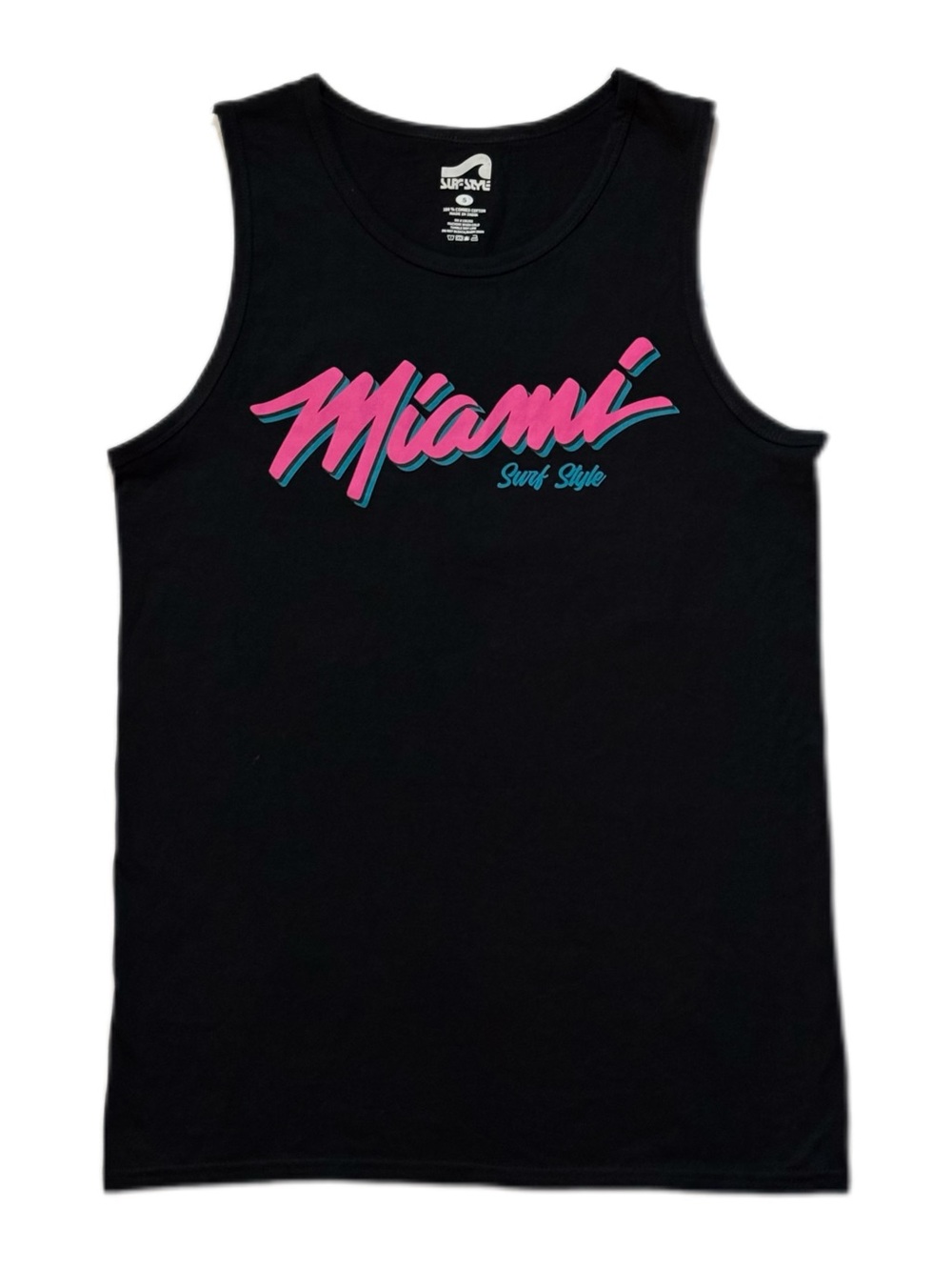 Miami Surf Style Black Tank Top with Pink & Teal Script